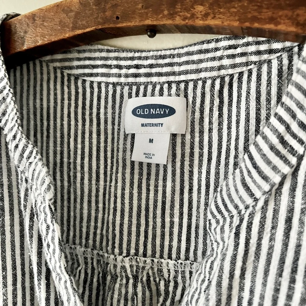 Dark Navy Pinstripe 100% Cotton Maternity Dress Costal Casual Ruffle Sleeve - Picture 8 of 9